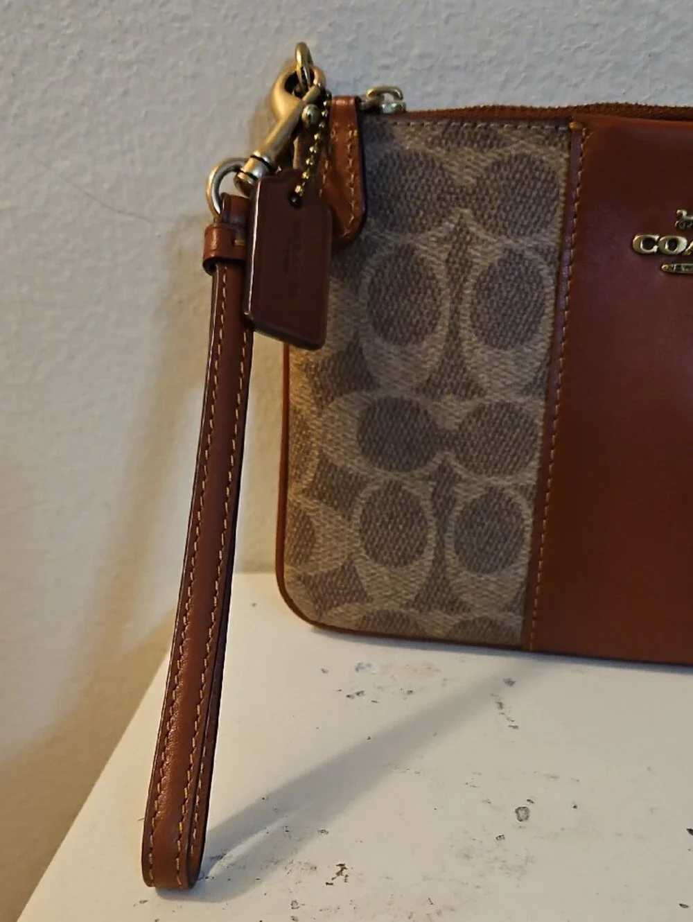 Coach Tan Signature Canvas and Rust Leather Large Wristlet, Card Slots
